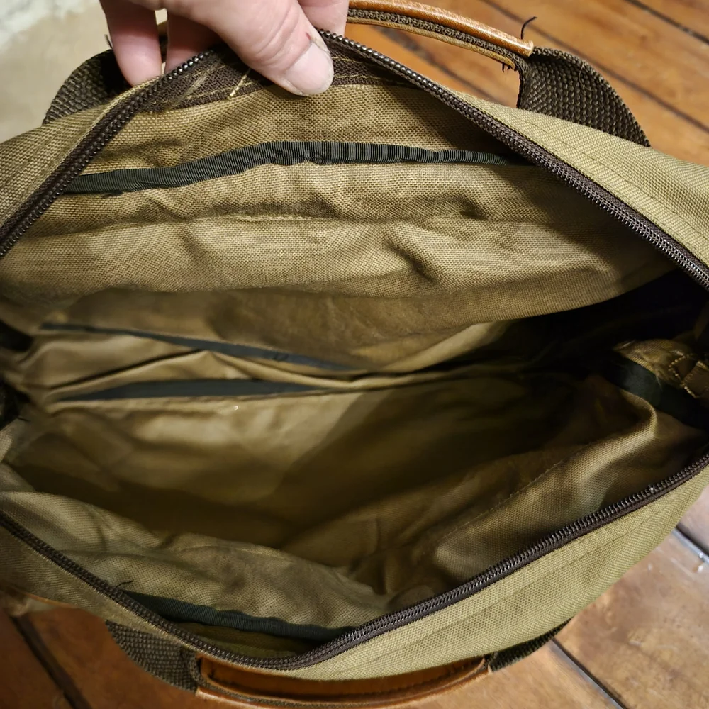 Vintage L.L. Bean Olive Green Canvas Laptop Brief with Brown Leather Trim